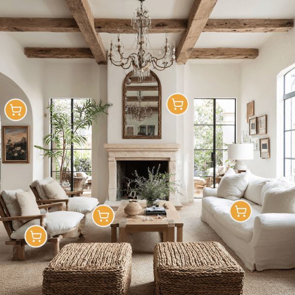Beautiful living room with shoppable furniture hotspots