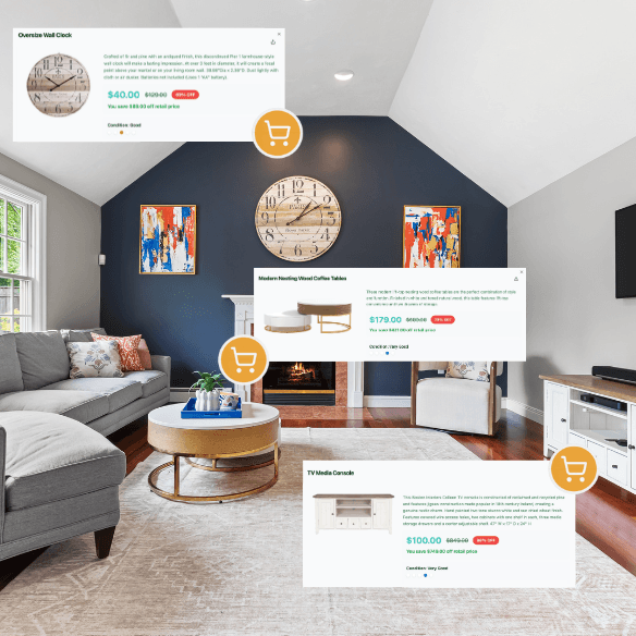 Living room with shoppable furniture hotspots showing product cards with prices