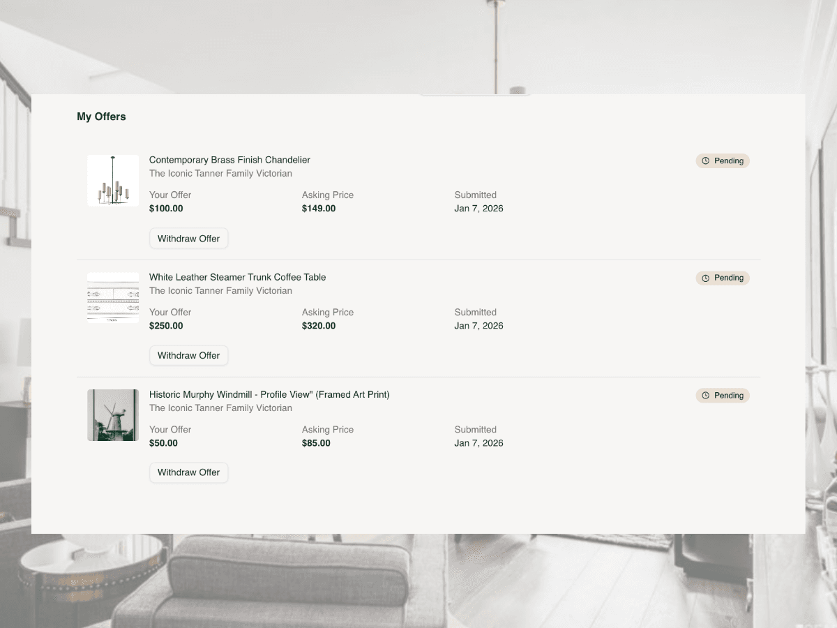 reLocal showroom interface showing furniture items for sale
