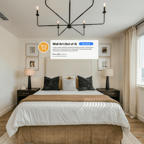 Bedroom with interactive product hotspot showing wall art pricing